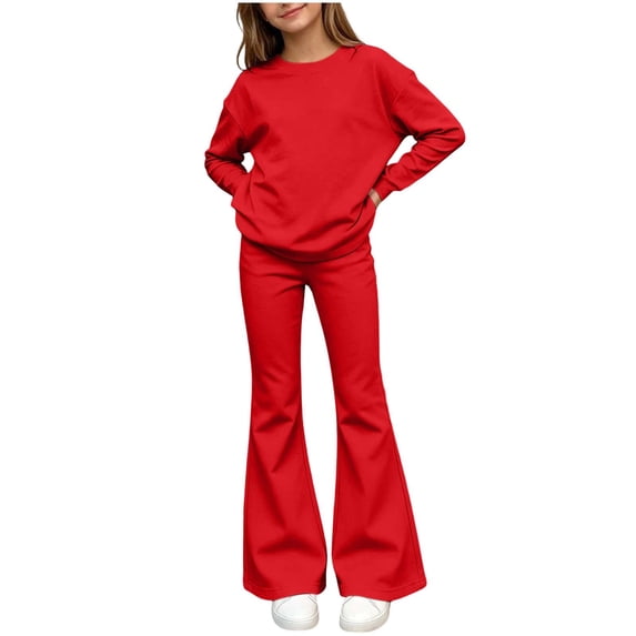 BXJX Girls Outfit Sets 2 Piece, Causal Long Sleeve Crew Neck Sweatshirt and Flare Pants Sets Red Size 7-8 T