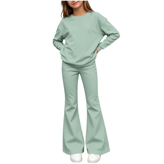 BXJX Girls Outfit Sets 2 Piece, Crew Neck Long Sleeve Causal Sweatshirt and Flare Pants Sets Green Size 11-12 T