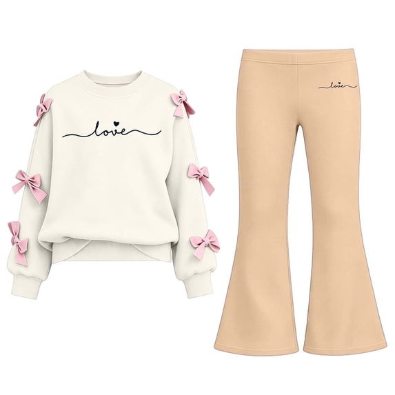 BXJX Girls Outfit Sets 2 Piece, Crew Neck Long Sleeve Spring Fall Bow Decor Kids Sweatshirts and Flare Pants Sets Khaki Size 5-6 T