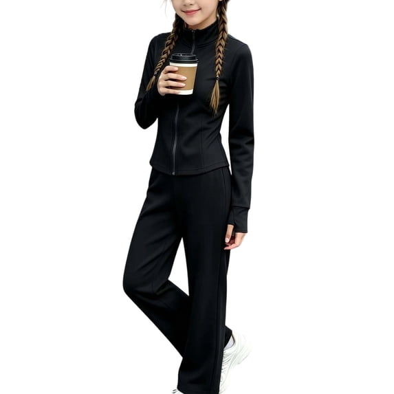 BXJX Girls Outfit Sets 2 Piece, Outdoor Zip up Stand Collar Sports Jacket,Flare Yoga Pants Sets Black Size 3-4 T