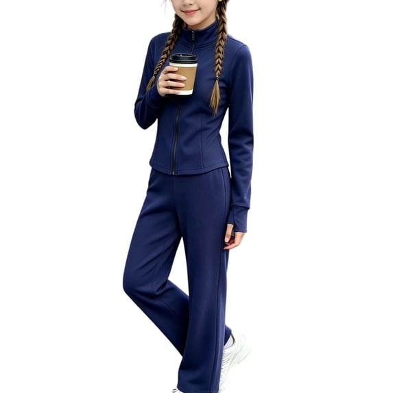BXJX Girls Outfit Sets 2 Piece, Outdoor Zip up Stand Collar Sports Jacket,Flare Yoga Pants Sets Navy Size 14-15 T
