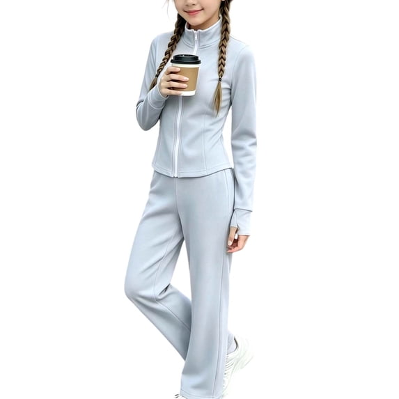 BXJX Girls Outfit Sets 2 Piece, Zip up Outdoor Stand Collar Sports Jacket,Flare Yoga Pants Sets Light Blue Size 11-12 T