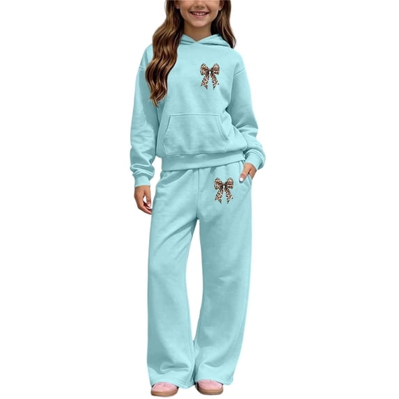 BXJX Girls Outfit Sets Long Sleeve, 2 Piece Fleece‑Lined Casual Hoodies and Sweatpants Kids Clothing Sets Light Blue Size 5-6 T