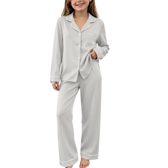 BXJX Girls Outfit Sets, Long Sleeve Soft Button‑Front 2 Piece Fall Winter Loungewear Sets Silver Size 7-8 T