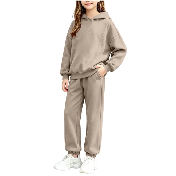 BXJX Girls Outfit Sets, School Outdoor Long Sleeve 2 Piece Hoodies and Joggers Sets Khaki Size 14-15 T