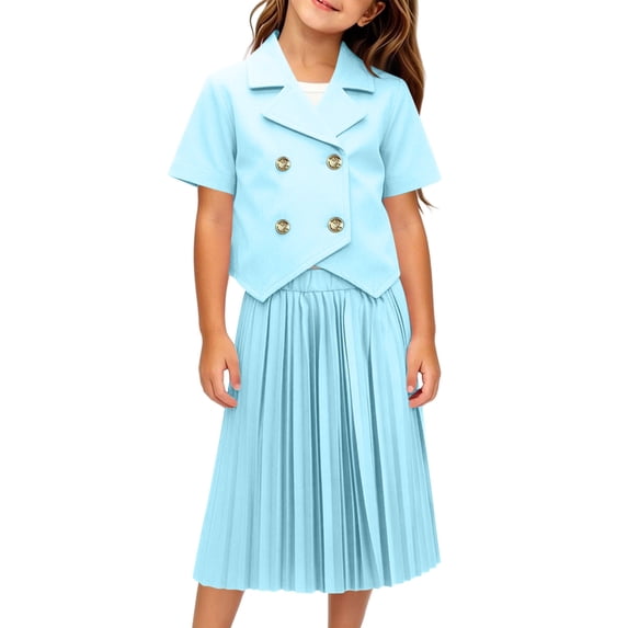 BXJX Girls Outfit Sets, Short Sleeve 2 Piece Knitted Collared T-Shirts and Pleated Skirts Sets Sky Blue Size 7-8 T