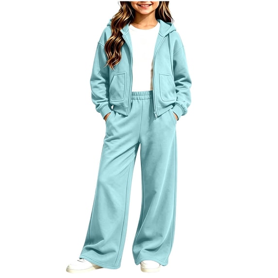 BXJX Girls Outfit Sets, Spring Fall Zip up Long Sleeve Hoodies and Sweatpants 2 Piece Sets Light Blue Size 7-8 T