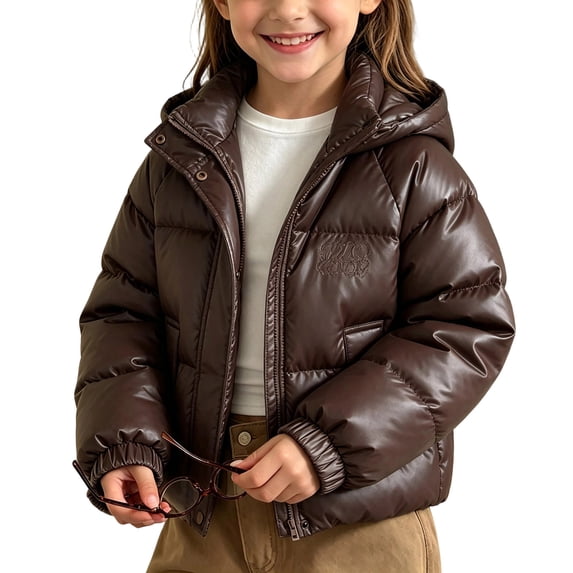 BXJX Girls Puffer Jackets, Long Sleeve Full Zip Hooded Outdoor Winter Warm Outerwear with Pockets Coffee Size 1-2 T