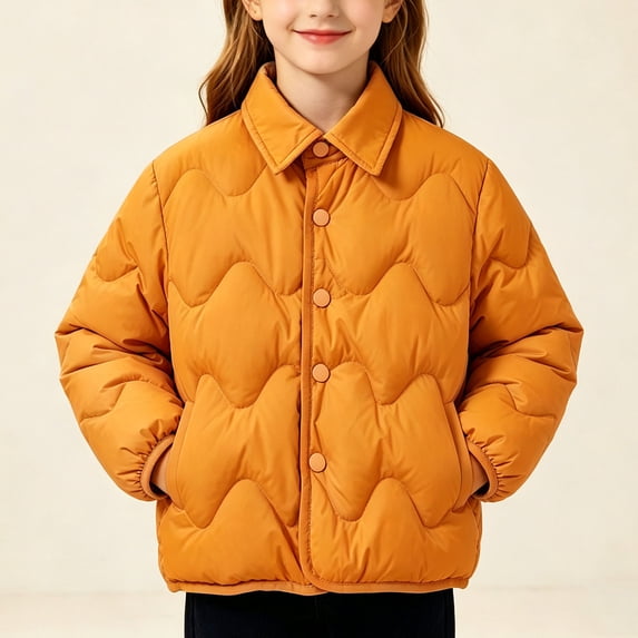 BXJX Girls Puffer Jackets, Long Sleeve Lapel Collar Warm Button Down Outerwear with Pockets Orange Size 10-11 T