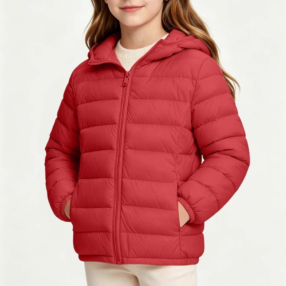 BXJX Girls Puffer Jackets, Long Sleeve Warm Zipper Hooded Outerwear with Pockets Red Size 3-4 T