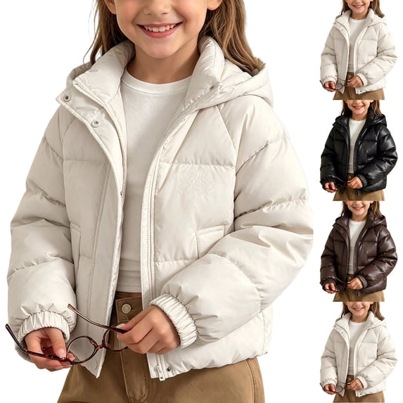 BXJX Girls Puffer Jackets Size 7-8 T, Outdoor Hooded Full Zip Long Sleeve Winter Warm Outerwear with Pockets White