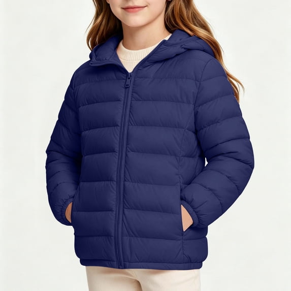 BXJX Girls Puffer Jackets, Warm Long Sleeve Hooded Zipper Outerwear with Pockets Navy Size 7-8 T