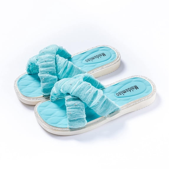 BXJX Girls Slide Sandals, Cross-Strap Non Slip Square Toe Flat Heel Kids Summer Shoes Blue Size 6 T
