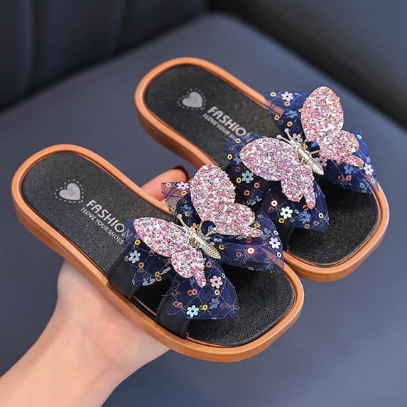 BXJX Girls Slide Sandals, Non Slip Beach Flat Heel Square Toe Kids Summer Shoes Black Size 9 T