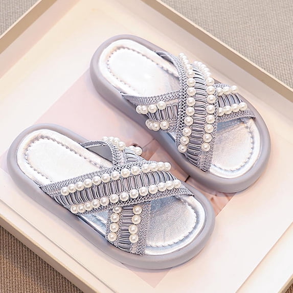 BXJX Girls Slide Sandals, Open Toe Non Slip Soft Sole Cross-Strap Kids Summer Shoes Silver Size 4.5(Big Kids)