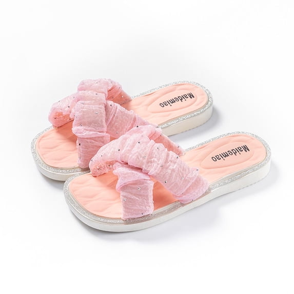 BXJX Girls Slide Sandals, Square Toe Flat Heel Non Slip Cross-Strap Kids Summer Shoes Pink Size 4 T
