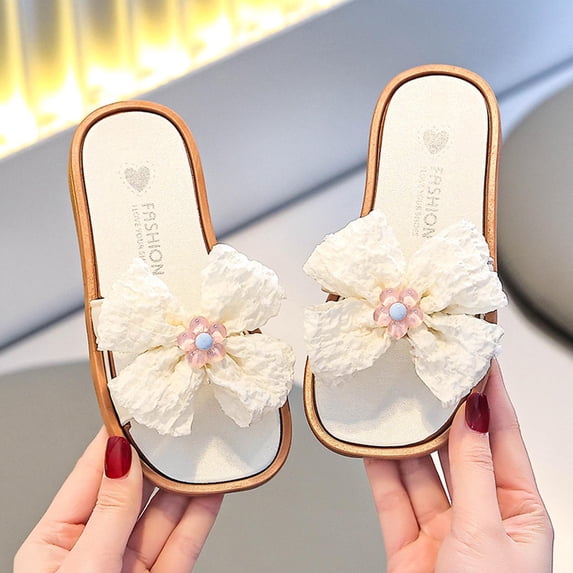 BXJX Girls Slide Sandals, Vacation Square Toe Flat Heel Non Slip Kids Summer Shoes White Size 5.5 T