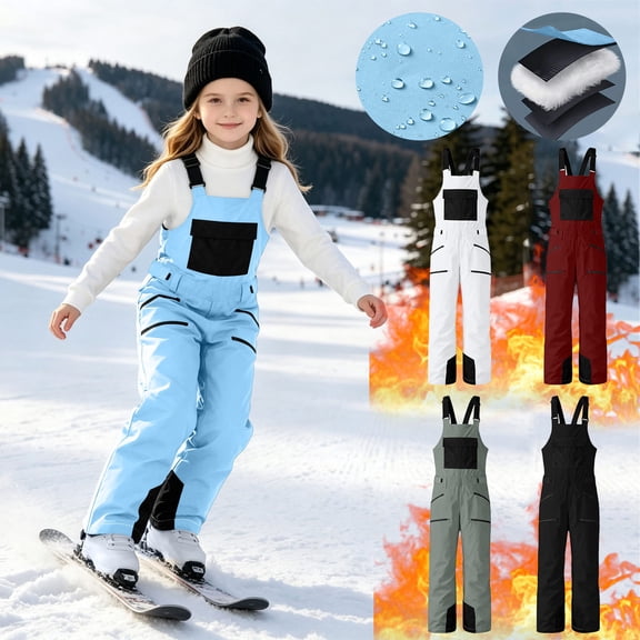 BXJX Girls Snow Bibs, Skiing Warm Water Resistant Windproof Fleece Lined Winter Pants with Adjustable Strap Blue Size 8 T