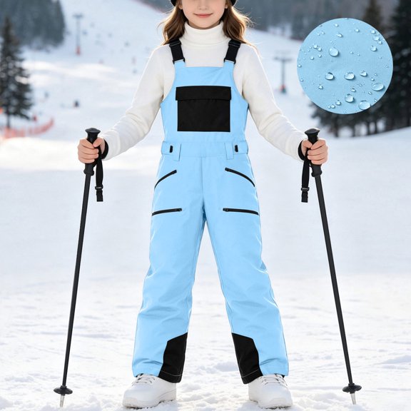 BXJX Girls Snow Bibs, Skiing Water Resistant Windproof Warm Fleece Lined Winter Pants with Adjustable Strap Blue Size 6-7 T