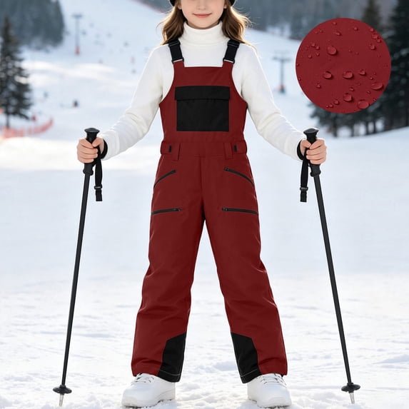 BXJX Girls Snow Bibs, Warm Water Resistant Windproof Fleece Lined Skiing Winter Pants with Adjustable Strap Wine Size 12-13 T
