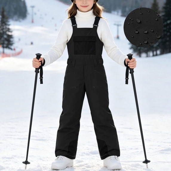 BXJX Girls Snow Bibs, Water Resistant Windproof Skiing Warm Fleece Lined Winter Pants with Adjustable Strap Black Size 10-11 T