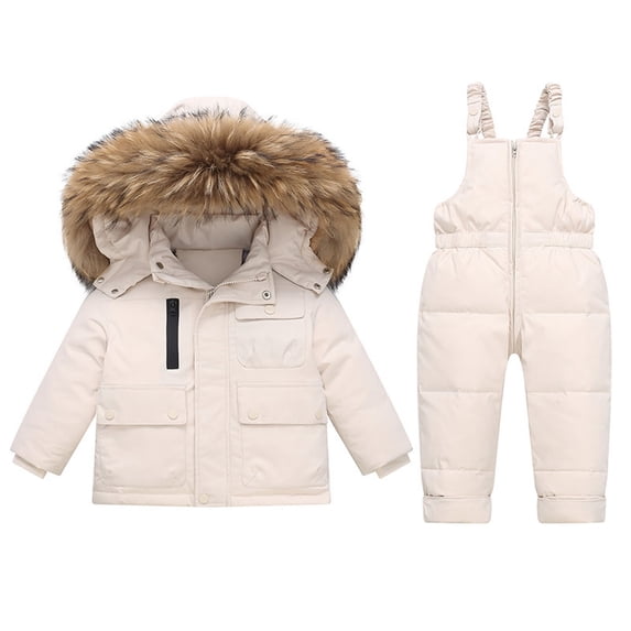 BXJX Girls Snowsuit 2 Piece Sets, Skiing Warm Waterproof Hooded Snow Jackets and Bib Pants Sets Beige Size 1-2 T