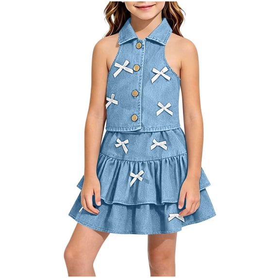 BXJX Girls Summer Denim Outfit Sets, Casual Sleeveless Collared 2PC T-Shirts and Skirts Sets Sky Blue Size 5-6 T