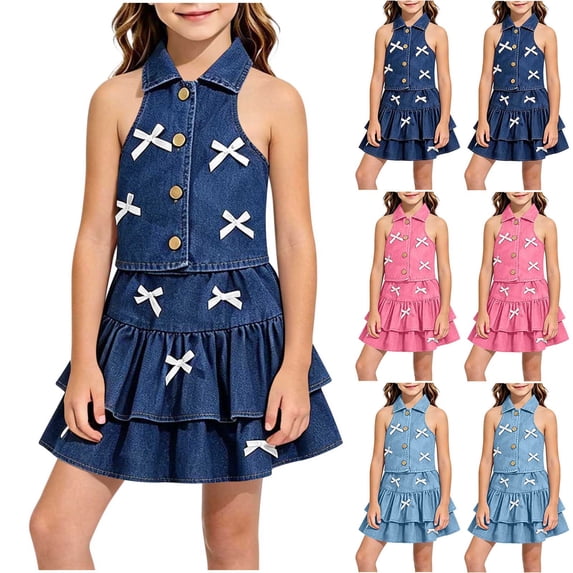 BXJX Girls Summer Denim Outfit Sets Size 7-8 T, Sleeveless Collared Casual 2PC T-Shirts and Skirts Sets Blue