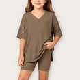 thumbnail image 1 of BXJX Girls Summer Outfit Sets, Casual Short Sleeve V Neck 2PC T-shirts and Shorts Sets Brown Size 4-5 T, 1 of 7
