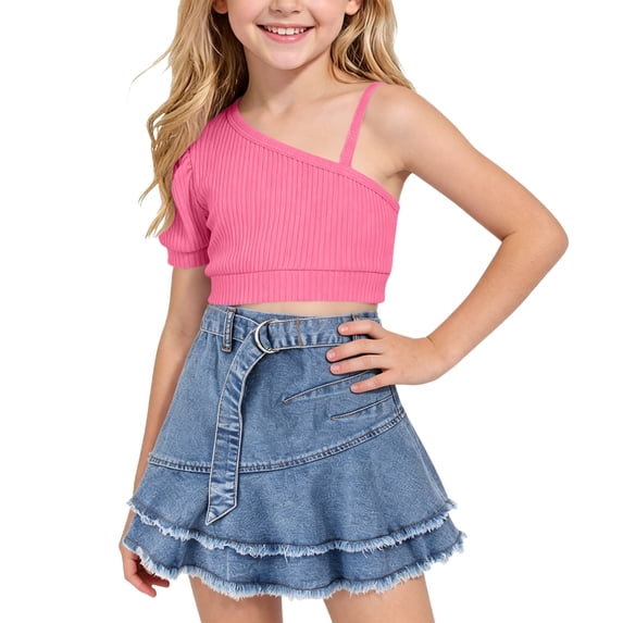 BXJX Girls Summer Outfit Sets, Causal 2 Piece Sleeveless Cotton T-Shirts and Denim Skirts Sets Hot Pink Size 6/7T