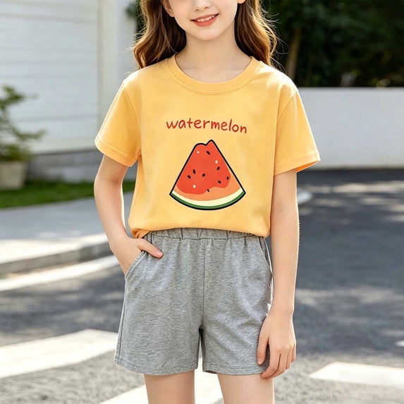 BXJX Girls Summer Outfit Sets, Knitted Short Sleeve 2PC Crew Neck T-Shirts and Shorts Sets Yellow Size 11-12 T