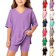 thumbnail image 1 of BXJX Girls Summer Outfit Sets Size 7-8 T, V Neck Casual 2PC Short Sleeve T-shirts and Shorts Sets Purple, 1 of 8