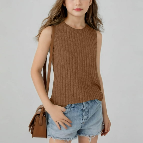 BXJX Girls Summer Ribbed Knit Tank Tops- Casual Tee Top Sleeveless Solid Color Soft Comfy Vest Shirts for Girls Coffee Size 9-10T