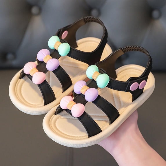 BXJX Girls Summer Sandals, Beach Open Toe Ankle Strap Non Slip Kids Shoes Black Size 6.5 T