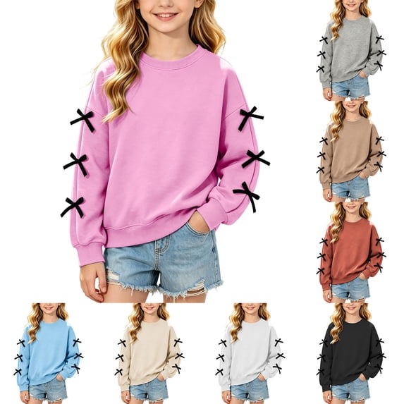 BXJX Girls Sweatshirts, Cute Crew Neck Long Sleeve Spring Fall Pullover Tops with Bow Pink Size 10-12 T