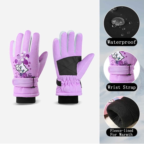 BXJX Girls Winter Gloves, Fleece Lined Non-slip Water-Repellent Thermal Outdoor Skiing Gloves Purple Size Free Size