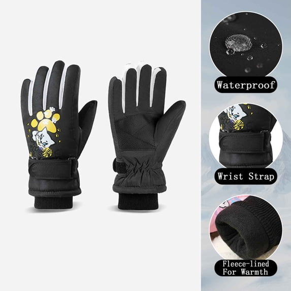 BXJX Girls Winter Gloves, Non-slip Thermal Water-Repellent Fleece Lined Outdoor Skiing Gloves Black Size Free Size