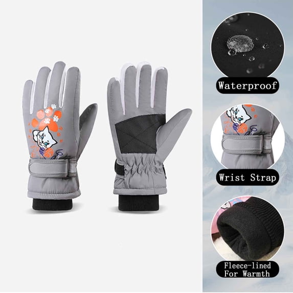 BXJX Girls Winter Gloves, Non-slip Water-Repellent Thermal Fleece Lined Outdoor Skiing Gloves Gray Size Free Size