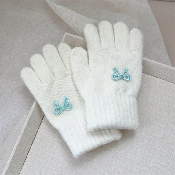 BXJX Girls Winter Gloves, Soft Knitting Cotton Warm Stretchable Outdoor Gloves for Kids White Size Free Size