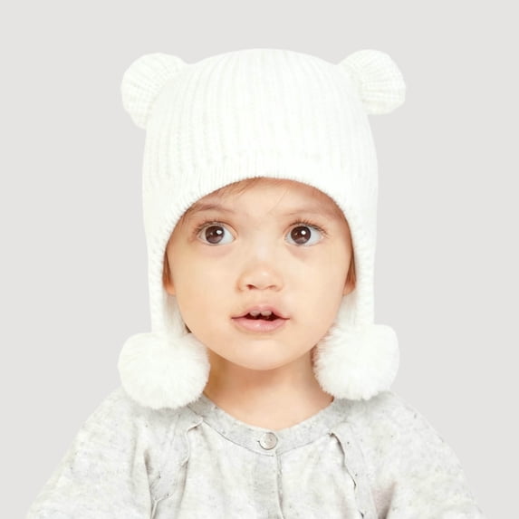 BXJX Girls Winter Pom‑pom Beanies, Stretchable Knitting Cotton Outdoor Warm Kids Hats for Cold Weather White Size 2-5 T