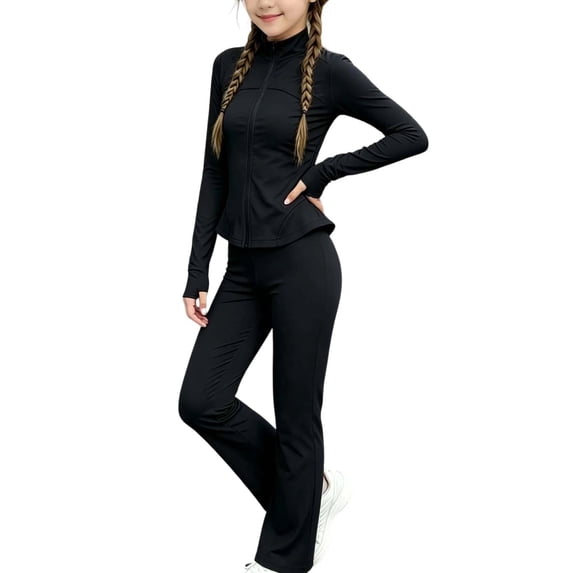 BXJX Girls Yoga Outfit Sets, Long Sleeve Zip up 2 Piece Sports Jacket and Flare Pants Sets Black Size 14-15 T