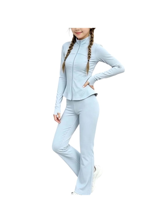Girls Yoga Outfit Sets, Long Sleeve Zip up 2 Piece Sports Jacket and Flare Pants Sets Light Blue Size 5-6 T