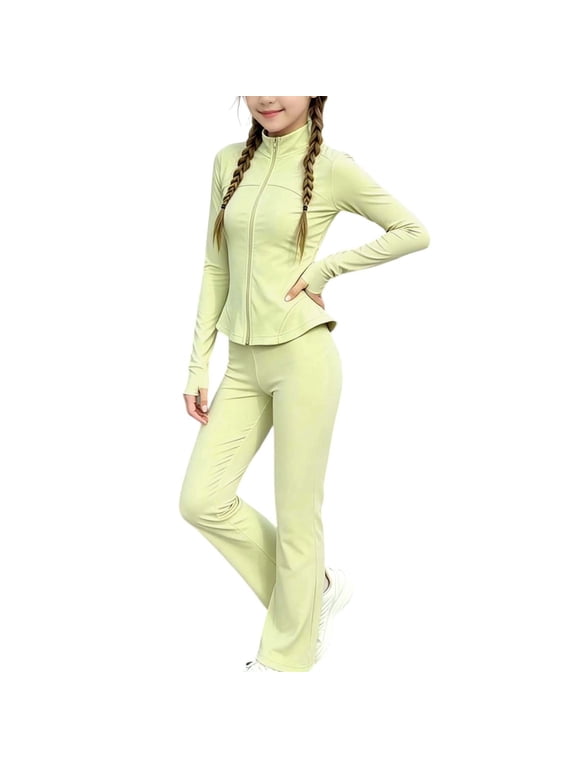 Girls Yoga Outfit Sets Size 10-12, Long Sleeve Zip up 2 Piece Sports Jacket and Flare Pants Sets