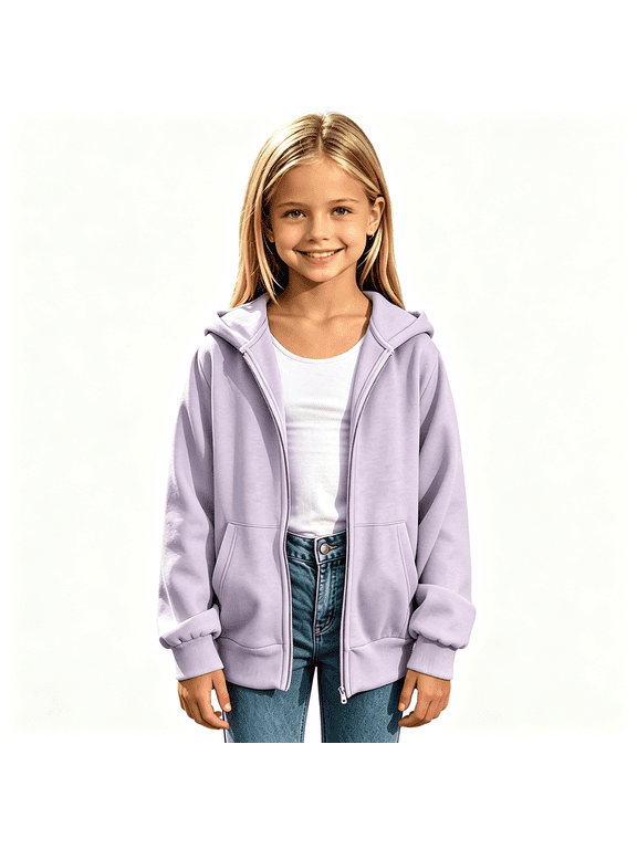 Girls Zip up Hoodies, School Casual Long Sleeve Outdoor Jackets with Pockets Purple Size 5-6 T