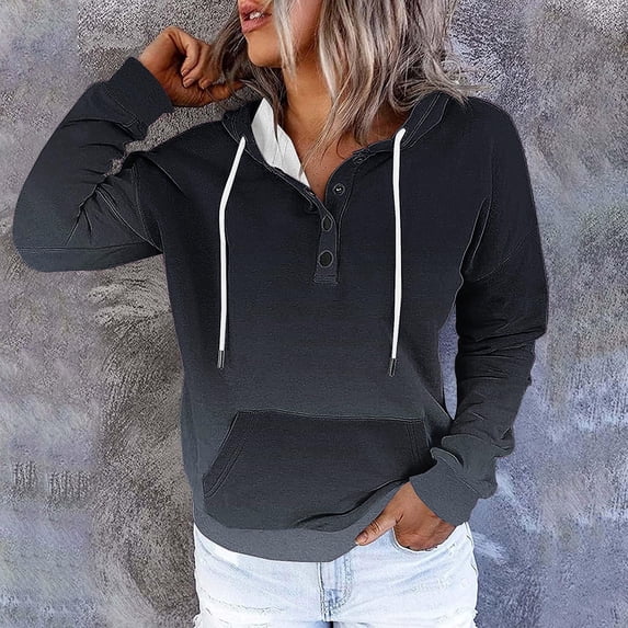 BXJX Hoodies for Women- Gradient Print Long Sleeve Drawstring Half Boutton Sweatshirts With Pocket Navy Size L