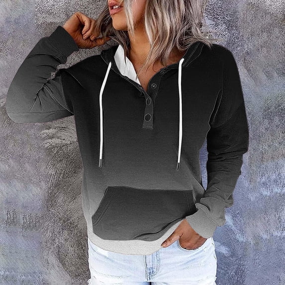 BXJX Hoodies for Women- Half Boutton Drawstring Gradient Print Long Sleeve Sweatshirts With Pocket Black Size XL
