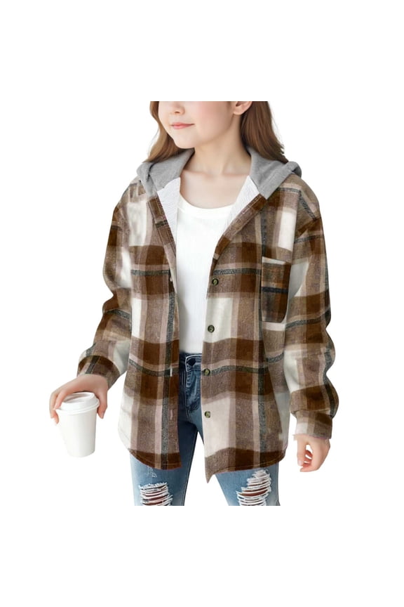 Kids' Plaid Wool-Blend Jacket- Fleece-Lined Button Preppy Style Winter Thick Warm Coat for Girls