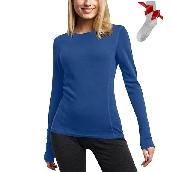 BXJX Long Sleeve Shirts for Women- Casual Warm Solid Round Neck Thermal Undershirts for Women Blue Size 3XL