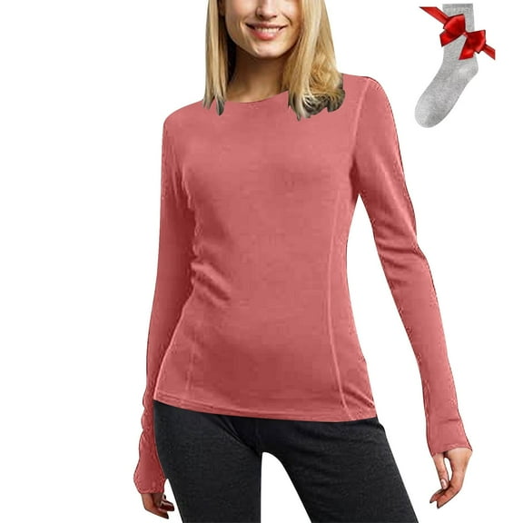 BXJX Long Sleeve Shirts for Women- Round Neck Warm Solid Casual Thermal Undershirts for Women Pink Size M