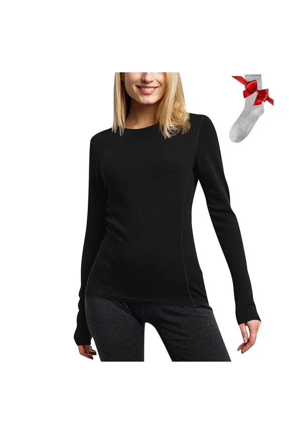 Long Sleeve Shirts for Women- Warm Solid Casual Round Neck Thermal Undershirts for Women Black Size L